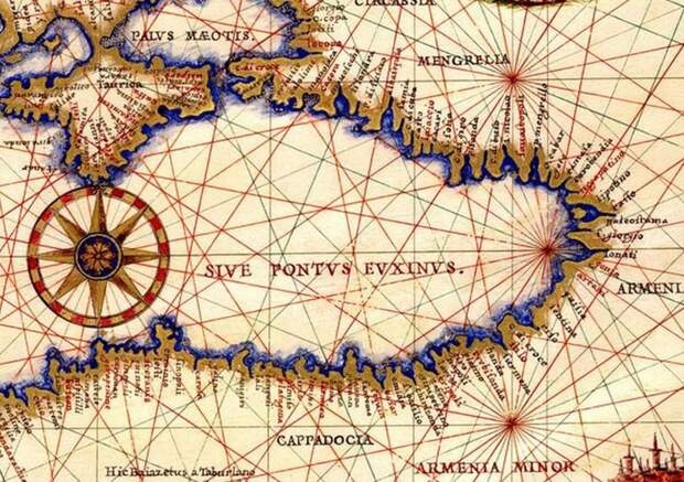 Фрагмент с карты Грациоза Бенинказы 1480 г. Генуэзские фактории на побережье ЧМ Кавказа.