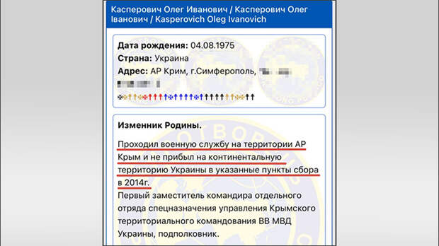 Касперович отказался служить "послемайданной" Украине, за что попал в "расстрельные списки"//Скриншот из базы данных террористов.