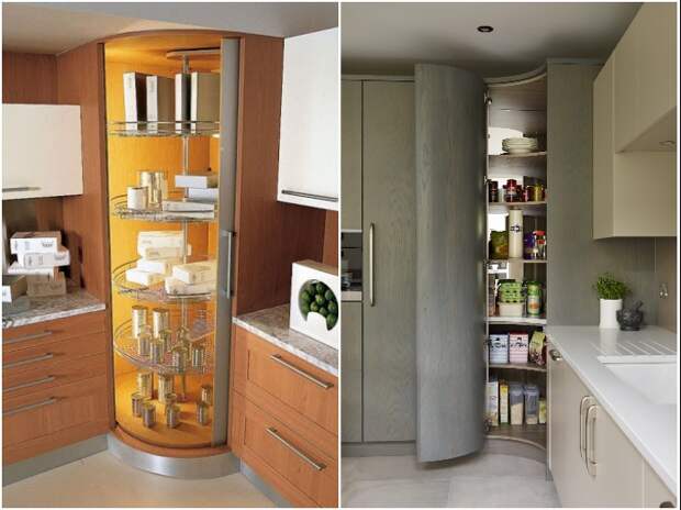 Углы в кухне можно задействовать с помощью полноценных шкафов-кладовых. | Фото: kvant-dizain.ru/ pinterest.ca.