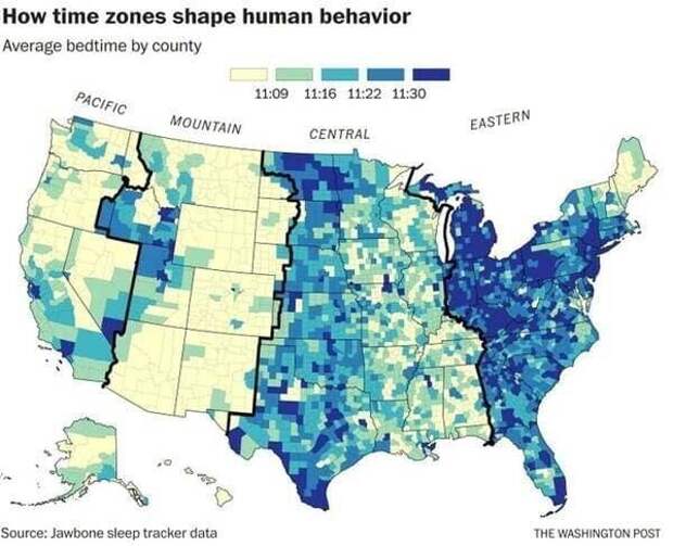 16. Как временные зоны формируют человеческое поведение. Среднее время отхода ко сну