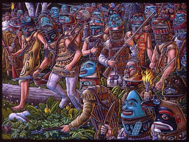Воины племени хаида в традиционных военных костюмах со смешенным туземно-европейским вооружением
