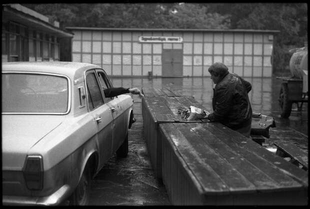 Покупка цветов в дождливую погоду. Владимир Соколаев, 15 июня 1985 года, г. Новокузнецк, из архива МАММ/МДФ. 