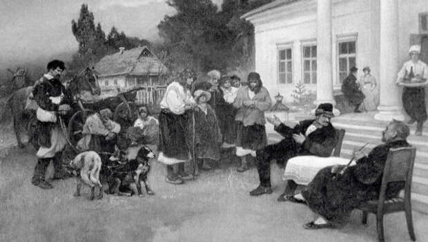 Репродукция картины художника И.С. Ижакевича Крепостных крестьян меняют на собак