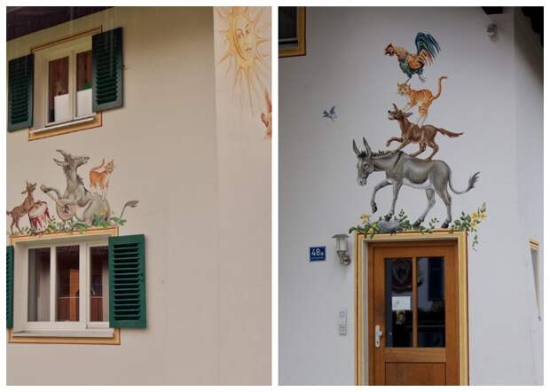 Мотивы сказки Бременские музыканты можно найти на фасаде одного из домов деревни, (Обераммергау, Германия).