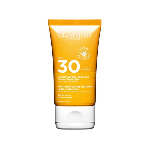 Солнцезащитный крем для лица против морщин SPF 30, Clarins, 3300 руб. («Рив Гош»)