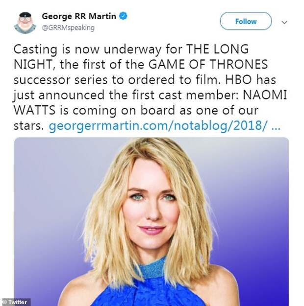 Thrilling: Reacting to the casting news, the beloved writer took to Twitter to give his 1.14million social media fans another tidbit to go into a frenzy over