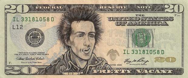 Панк нот деад доллары, портреты на долларах, прикол, рисунки на долларах, юмор