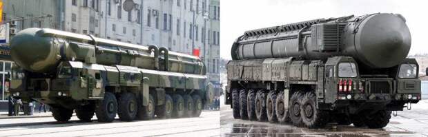 Подвижные грунтовые ракетные комплексы (ПГРК) «Тополь» (слева) и «Тополь-М» (справа)