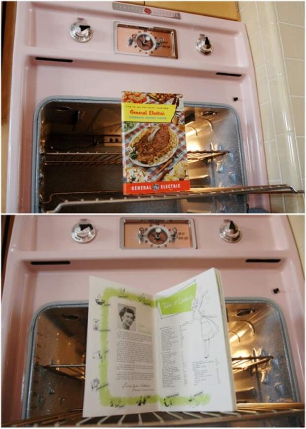 Розовая духовка в идеальном состоянии с сохранившейся книгой рецептов и инструкцией тех лет. | Фото: thevintagenews.com.
