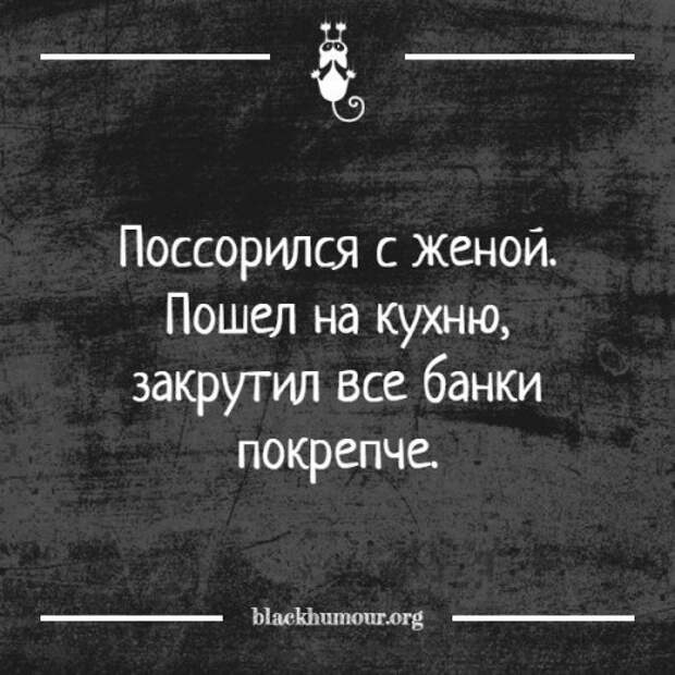 Жена пошли. Если ваш кот утром загадочно улыбается тапочки лучше не надевать. Если с утра кот загадочно улыбается. Закрутил все банки покрепче поссорился.