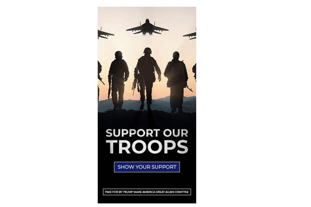 An ad, made by the Trump Make America Great Again Committee, featuring silhouettes of three soldiers walking as Russian-made fighter jets fly over them.