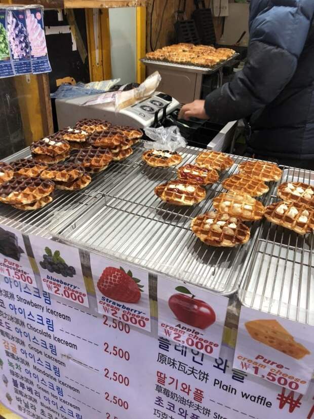 22. Вафли со сливочным сыром: $1,50 еда, еда быстро, сеул, уличная Еда, уличная еда, фастфуд, южная корея