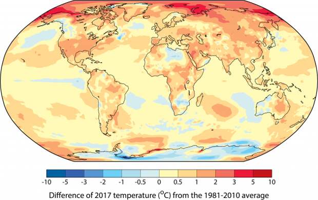 Отклонение среднегодовой температуры в 2017 году от уровня 1981–2010 гг. 2017 год, nasa, Эль-Ниньо, глобальное потепление, климат, климатические изменения, ученые