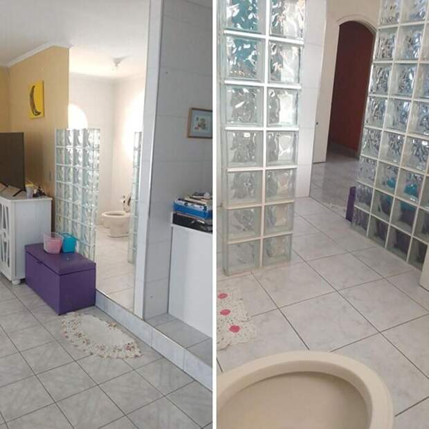 Туалет со стеклянной перегородкой и без дверей, прямо при входе в квартиру Туалет со стеклянной перегородкой и без дверей, прямо при входе в квартиру