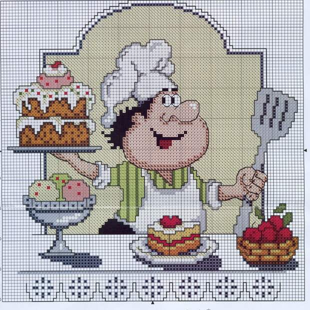 Схемы вышивки крестиком "Кухонная тема" повар с тортом