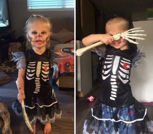 3-летняя малышка с ее оригинальнейшим костюмом забавно, инвалиды, костюмы, праздник, сильные люди, хэллоуин, чувство юмора, юмор