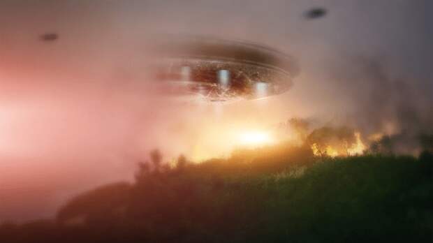 ufo spaceship in sky forest in countryside