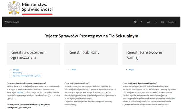 РЕЕСТР ЛИЦ, СОВЕРШИВШИХ ПРЕСТУПЛЕНИЯ НА СЕКСУАЛЬНОЙ ПОЧВЕ, НА ОФИЦИАЛЬНОМ САЙТЕ МИНИСТЕРСТВА ЮСТИЦИИ ПОЛЬШИ. ФОТО: СКРИНШОТ САЙТА RPS.MS.GOV.PL