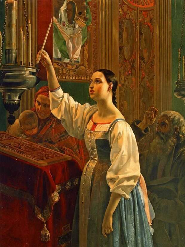 Г.К.Михайлов Девушка, ставящая свечу перед образом 1842.jpg