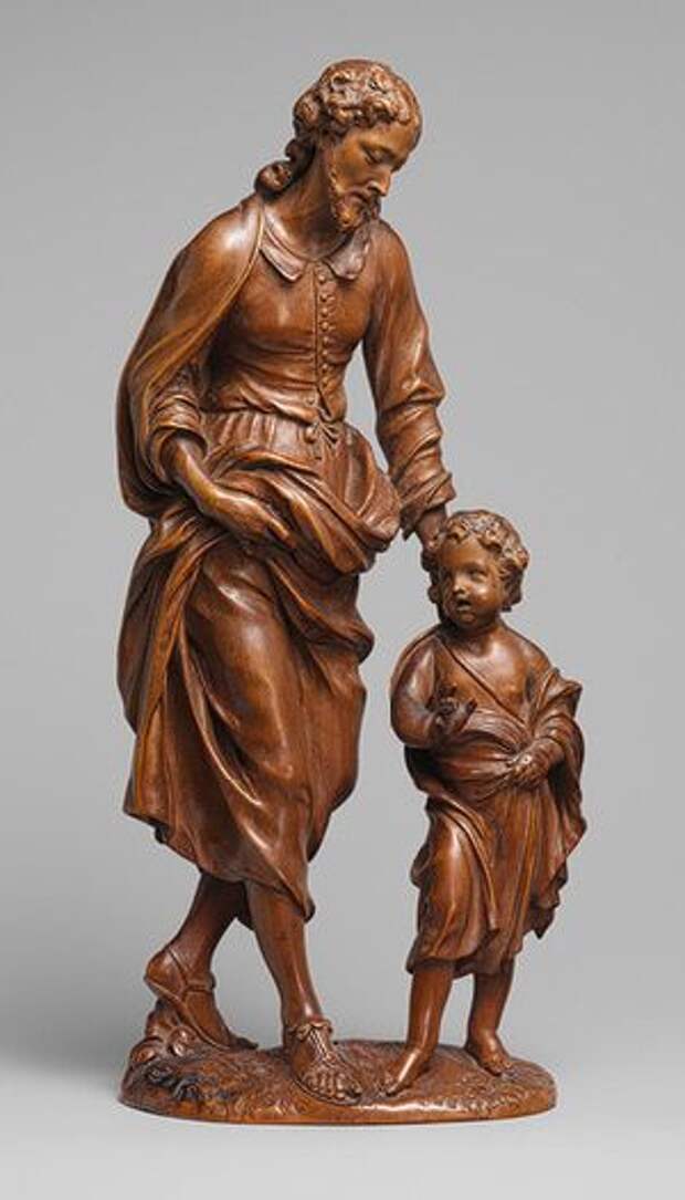 Attributed to Nicolaas van der Veken: Saint Joseph and the Christ child,17th century. Made by Van der Veken,flemisih 1637-1709. Ivory and boxwood carvings.