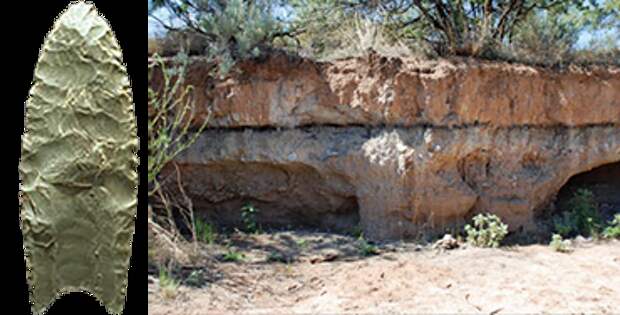 on the left is a Clovis spear point and on the right is a photo of Murray Springs