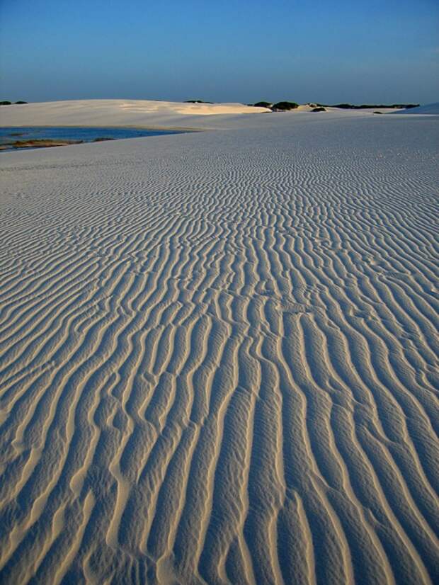 Рисунки природы на песке в национальном парке Ленсойс Мараньенсес в Бразилии. Фото