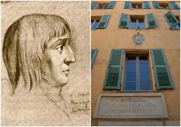 Слева направо: Наполеон в возрасте 16 лет (рисунок чёрным мелом неизвестного автора). \ Casa Buonaparte — родной дом Наполеона.