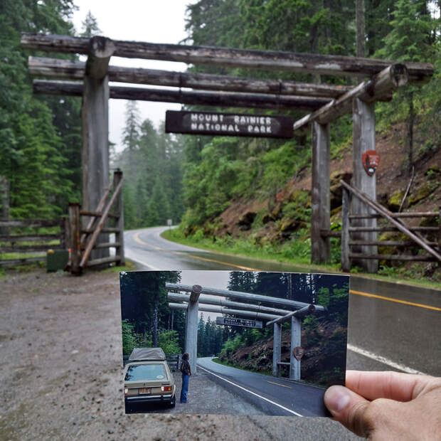 Вход в национальный парк, Гора Ренье, штат Вашингтон. Июнь 1981 и июнь 2016 года. Вход в национальный парк, Гора Ренье, штат Вашингтон. Июнь 1981 и июнь 2016 года.