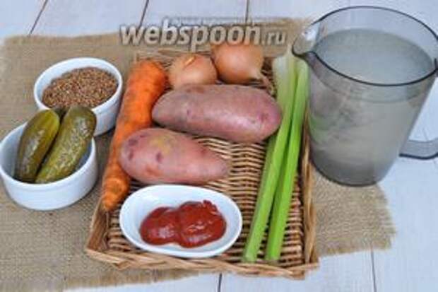 Приготовим гречку, огурцы, картофель, морковь, лук, сельдерей, томатную пасту, масло растительное, бульон. Бульон использую из индейки, приготовила его заранее.