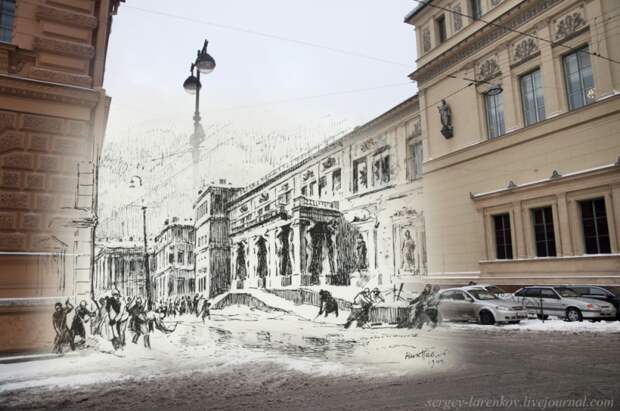 Ленинград 1942-Санкт-Петербург 2015 Уборка снега. Рисунок Николая Павлова(1942г.) Санкт - Петербург, война, россия, ссср, тогда и сейчас, эрмитаж
