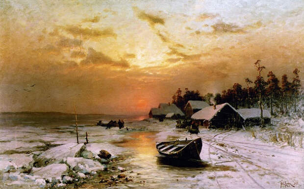 Зимний закат. (Рыбацкая деревушка) . 1885 (700x436, 375Kb)