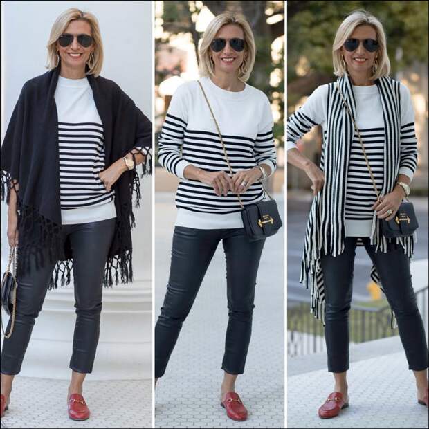 womens striped sweater styled with cape vests