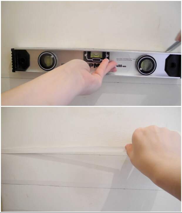 Для создания имитации кирпичной стенки нужно сделать разметку и приклеить полоски малярной ленты шириной 1 см. | Фото:  youtube.com/ © Екатерина Басми.