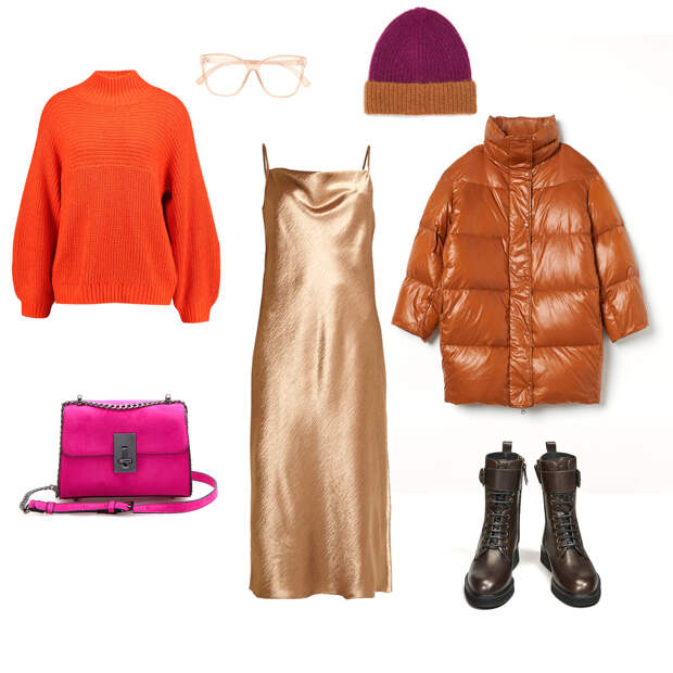 Платье - Banana Republic; свитер - Monki; пуховик - H&M; сумка и очки- Reserved; обувь - Massimo Dutti; шапка- Zara