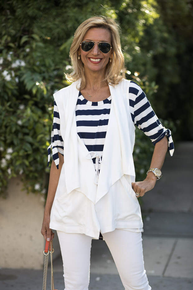 Navy and white stripe top with tie sleeves and ivory cargo vest