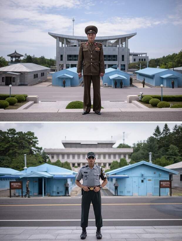 Вверху — лейтенант Корейской народной армии, Северная Корея, внизу — капрал Вооруженных сил Республики Корея, Южная Корея кндр, люди, северная корея, сравнение, страны, южная корея