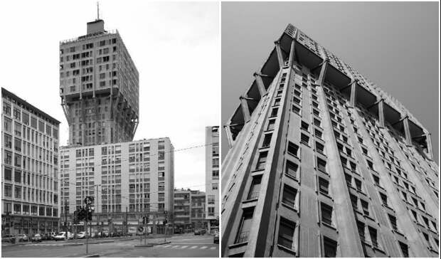 Башня Torre Velasca, спроектированная архитектурной компанией BBPR в 1958 г. (Милан, Италия). 