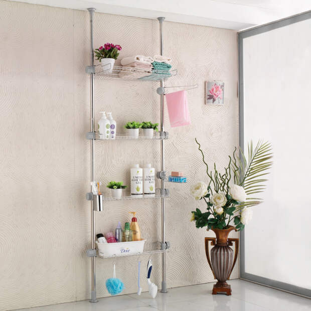 Металлический стеллаж для банных принадлежностей, который отлично впишется в любой интерьер ванной комнаты. 
