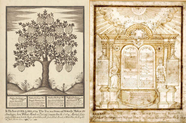Рисунки пером и чернилами на пергаменте Маттиаса Бухингера: «Генеалогическое древо» (1734) и из цикла «Десять Заповедей» (1720)