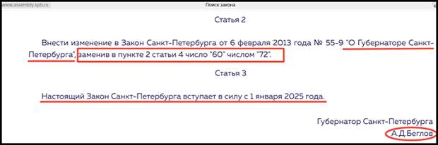 Губернатор Александр Беглов попросил повысить ему оклад на 20 процентов. И получил желаемый результат//Скриншот страницы сайта assembly.spb.ru