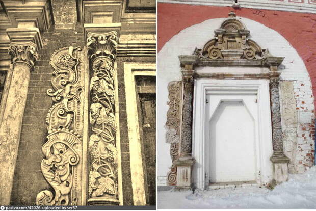Белокаменная отделка портала Успенской церкви. Фото 1920-1935. Этот же портал на территории Донского монастыря.