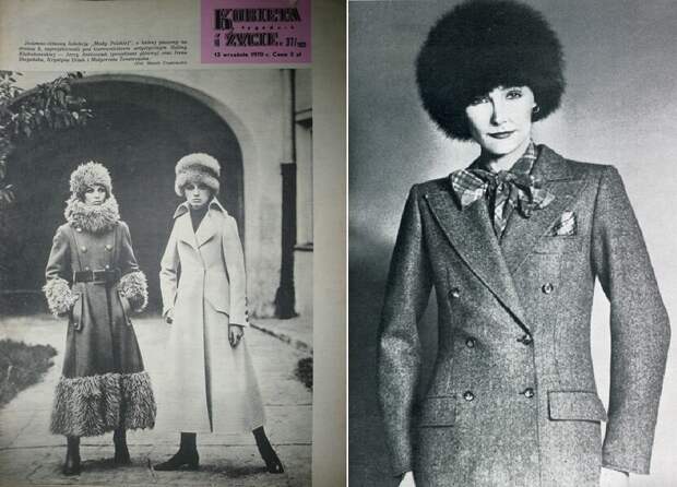 Странички из польских журналов мод 1970-х гг.  Заметьте, что фото слева - 1970-й год! Ну, а справа - дама в костюме и в шапке. Подразумевается, что она это носит в помещении. Источник - https://www.pinterest.ru/