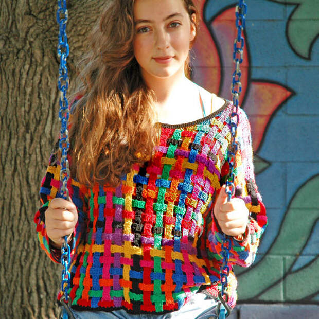 SALE .. 1980s Sweater . multicolor basket weave