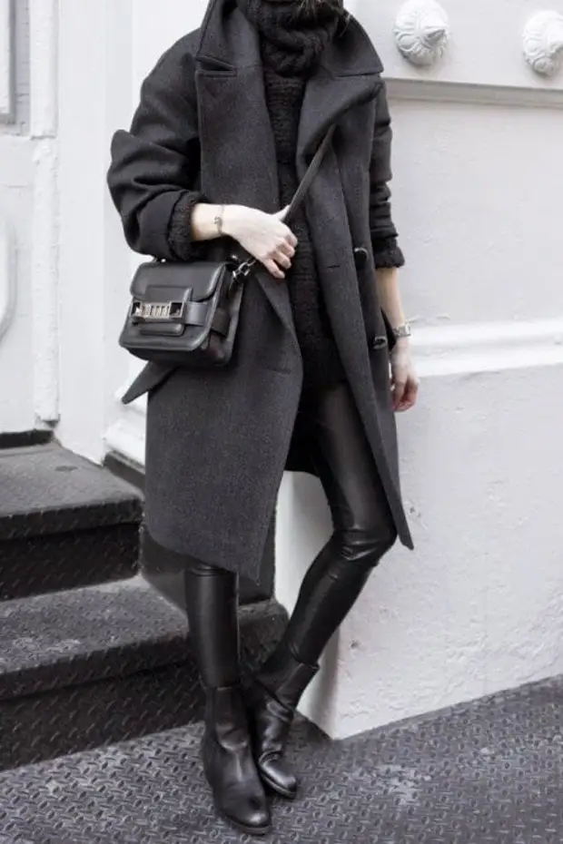 Длинное черное пальто с поясом с чем носить