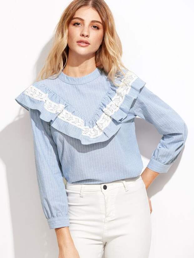 Shop Blue Vertical Striped Lace Trim Ruffle Blouse online. SheIn offers Blue Vertical Striped Lace Trim Ruffle Blouse & more to fit your fashionable needs.