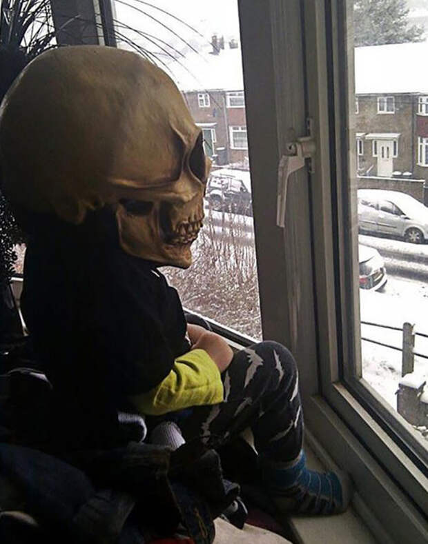 16. У этого мальчика был плохой день, поэтому он сел у окна и надел маску, чтобы пугать соседей смешные ситуации, фото, что здесь происходит, юмор