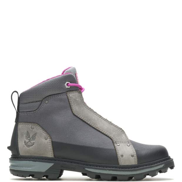 Picture of the limited edition Wolverine x Halo black leather boot collab with red laces