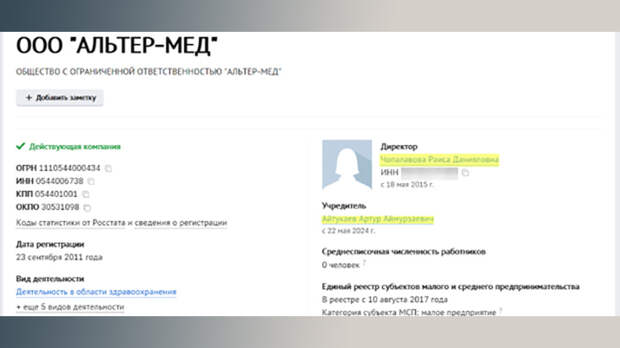 ДАННЫЕ КЛИНИКИ "АЛЬТЕР-МЕД" В БАЗЕ ЕГРЮЛ // СКРИНШОТ СТРАНИЦЫ САЙТА CHECKO.RU