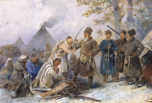Художник Н. Каразин " Подведение сибирских инородцев под высокую царскую руку "