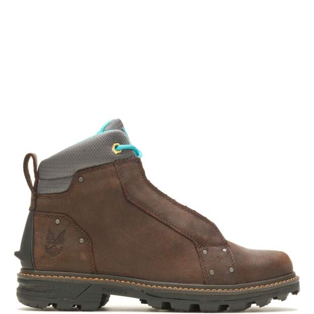 Picture of the limited edition Wolverine x Halo brown leather boot collab with sky blue laces